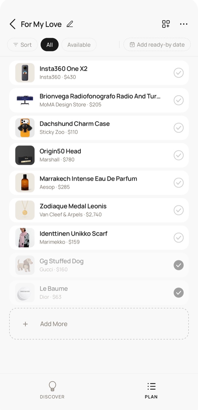 A shared Uncovr list with some items already claimed