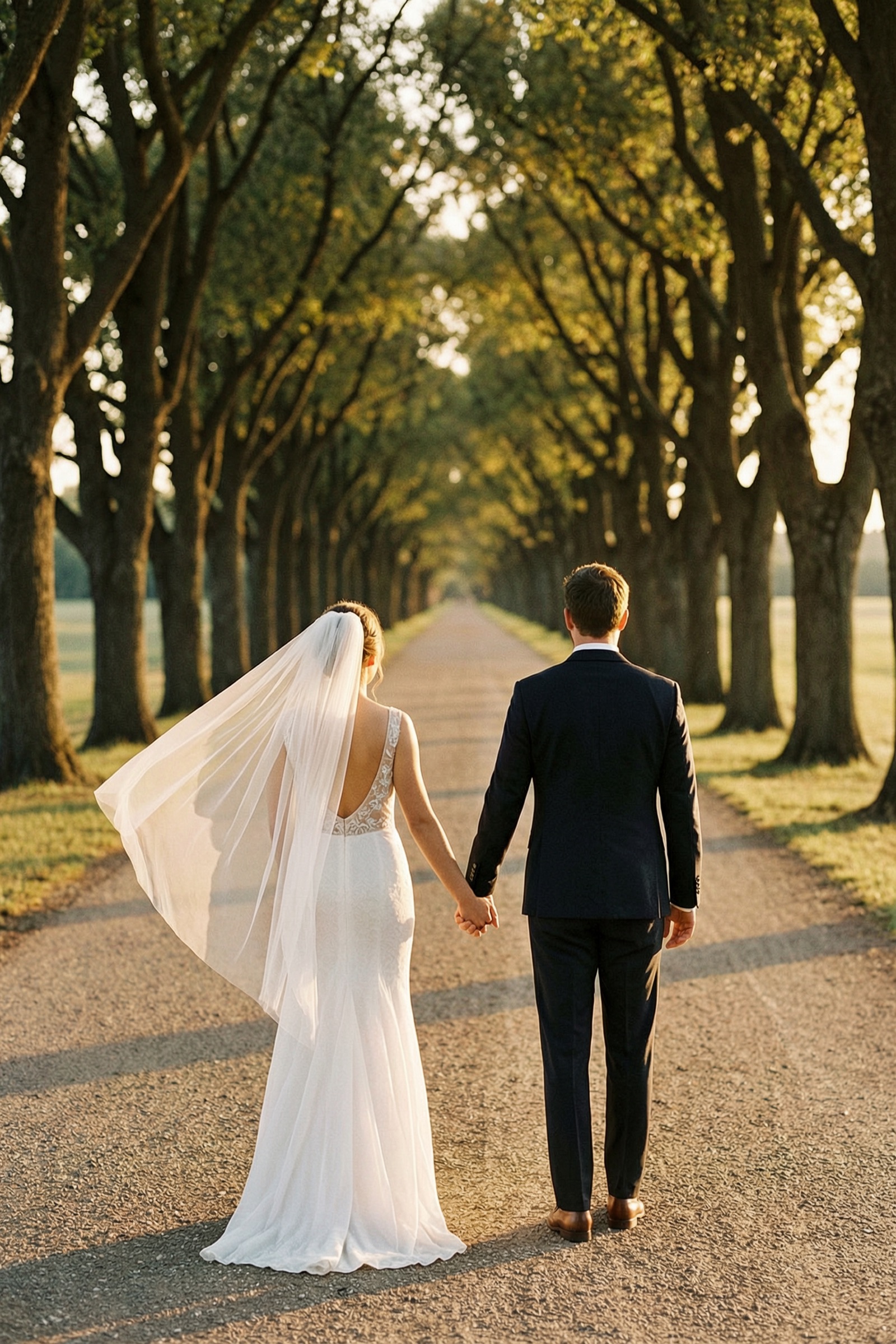 A couple walking a tree-lined path at golden hour
